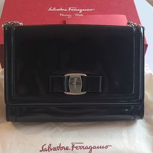 Salvatore Ferragamo Vara Bow Patent Black Flap Crossbody Bag
